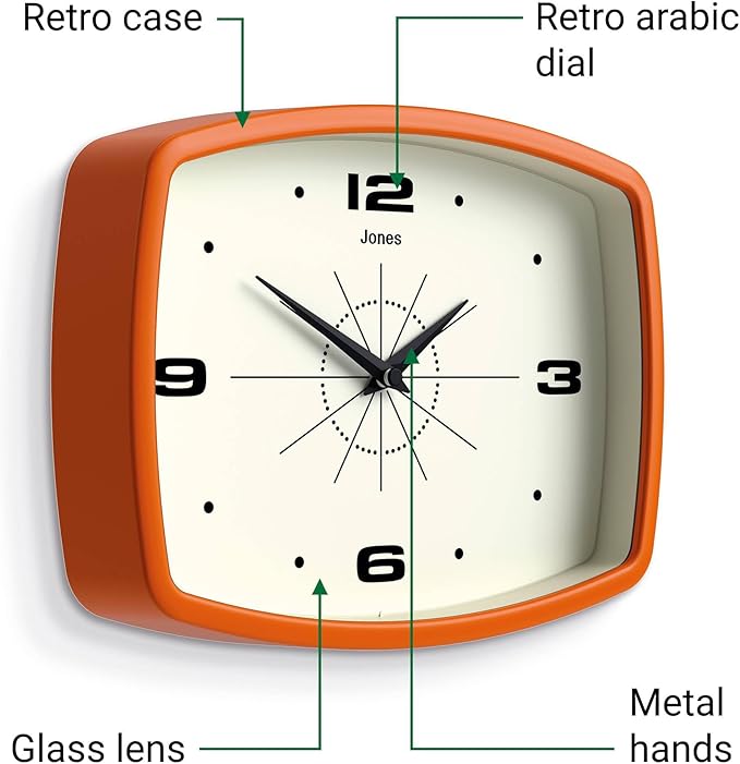 JONES CLOCKS® Movie wall Clock | Retro Rectangular Clock | 10 inch | Orange | - Image 6
