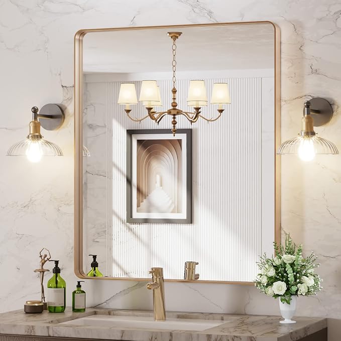 LOAAO 30”X36” Gold Bathroom Mirror, Rounded Rectangle Gold Frame Mirror - Image 8