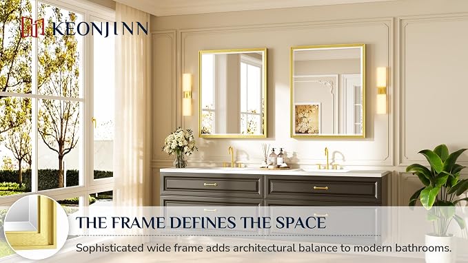 Keonjinn 30" x 36" Gold Bathroom Mirror, Beveled Edge Tempered Glass, - Image 7
