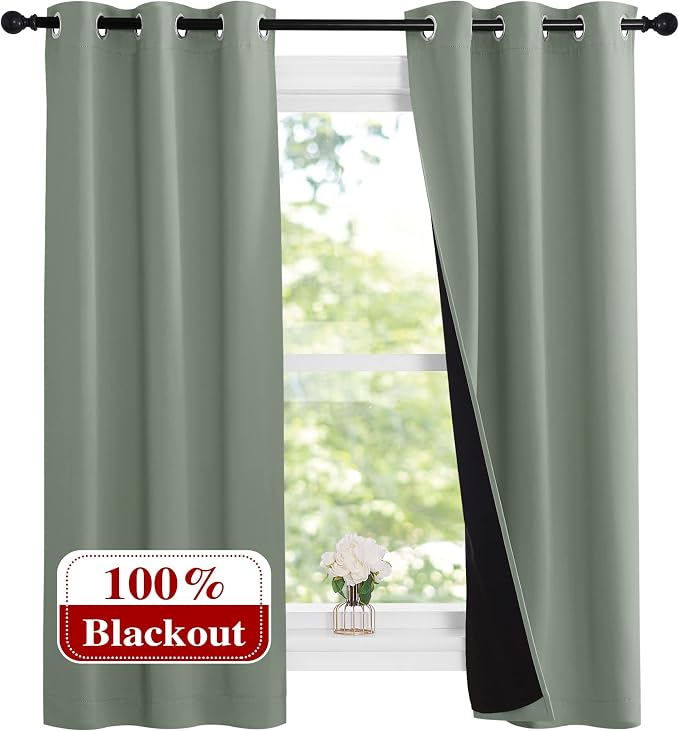 NICETOWN Greyish Green 100% Blackout Lined Curtains, 2 Thick Layers Narrow Wide by NICETOWN