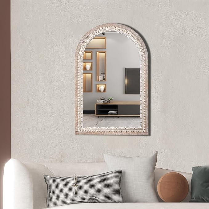 36x24 Inch Rustic Farmhouse Arched Wall Mirror, Boho Distressed Wooden Frame - Image 6