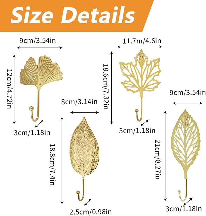 MOROBOR Decorative Iron Hooks, 4-Piece Ginkgo Maple Leaf Shape Gold Wall - Image 2