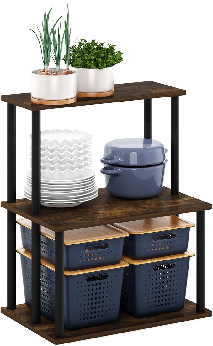 Furinno Turn-N-Tube 3-Tier Toolless Kitchen Storage Shelf, Amber Pine/Black by Furinno-FitsYourSpaceFitsYourBudget