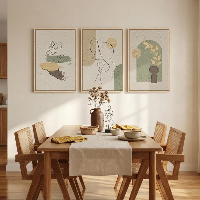 Framed Abstract Boho Wall Art for Living Room, 3 Piece Large Neutral Canvas - Image 3