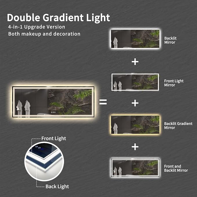 Bathroom Mirror with Lights, 96x36 Inch Gradient Front and Backlit Big Lighted - Image 4