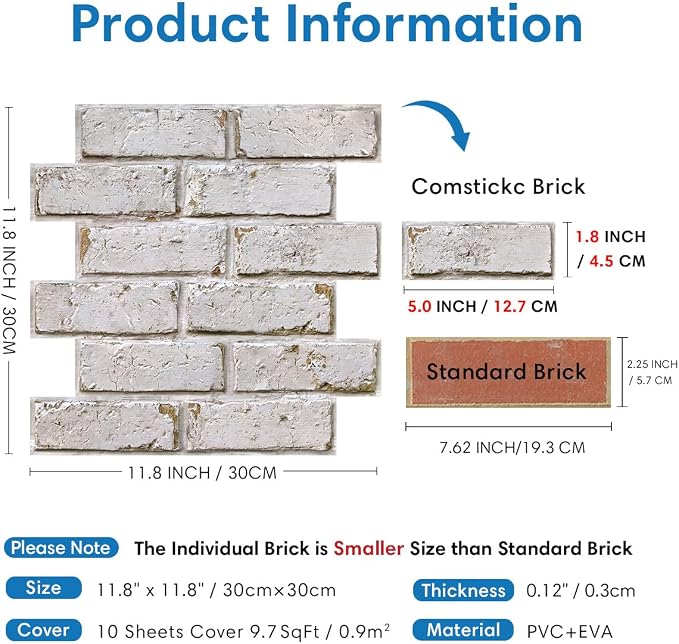 COMSTICKC 3D Faux Brick Wall Panels Peel and Stick, Small Size Self Adhesive - Image 3