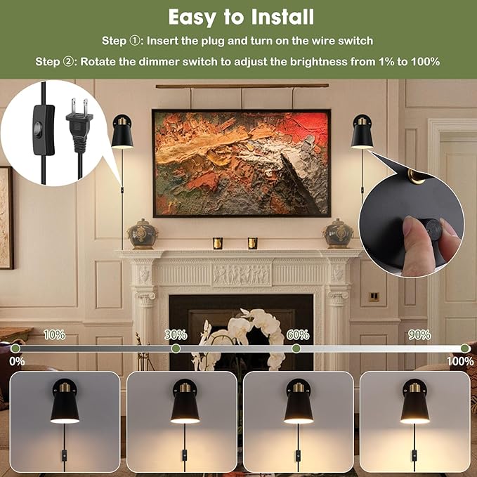 Lomoky Plug in Wall Sconces Set of 2, Dimmable Wall Lights - Image 4