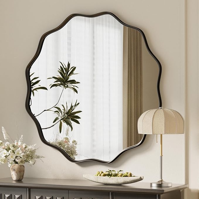 VooBang Black Scalloped Circle Mirror, Hanging Leaning by VooBang
