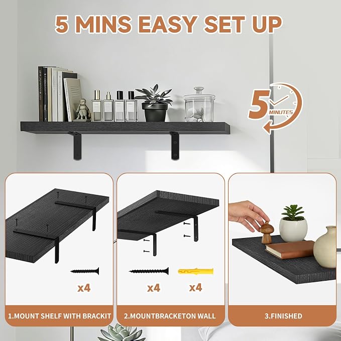 Easy Install Floating Shelves, 15.7 Inch Wall Mounted Wood Shelf, Hanging Shelf - Image 2