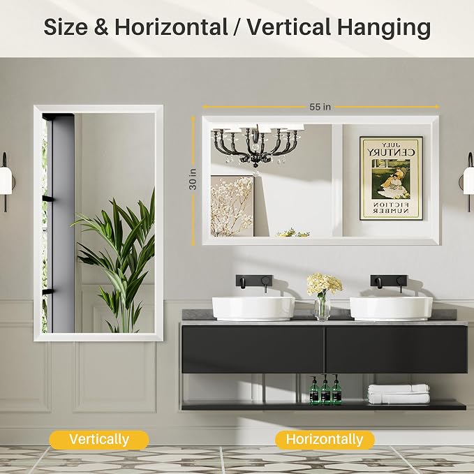 55x30 Inch White Bathroom Mirror - Image 5