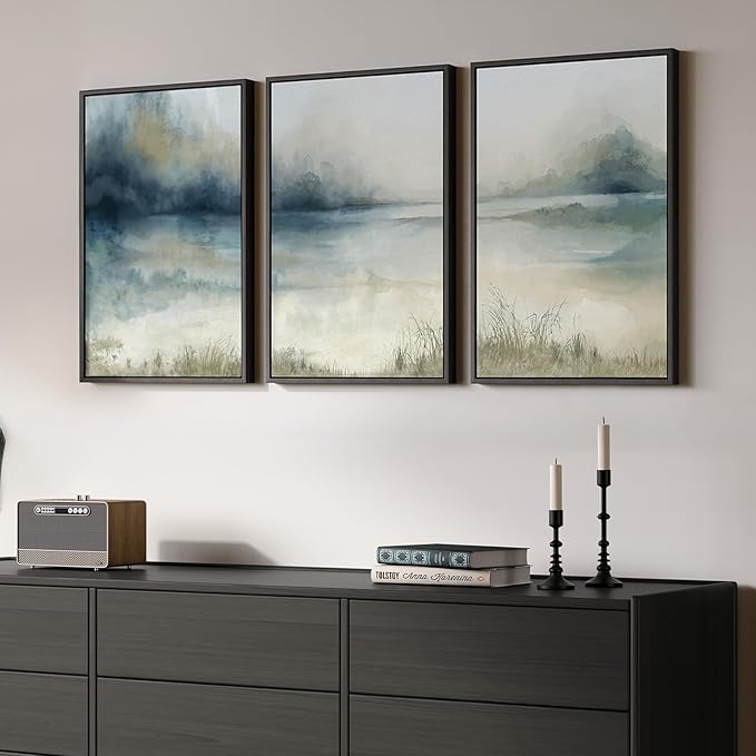 Framed Abstract Landscape Wall Art, 3 Piece Blue Watercolor Canvas Prints by Cuspin