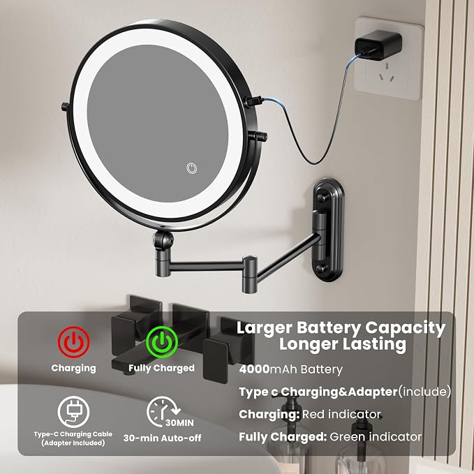 9" Wall Mounted LED Lighted Makeup Vanity Mirror - 4000mAh Rechargeable Double - Image 3