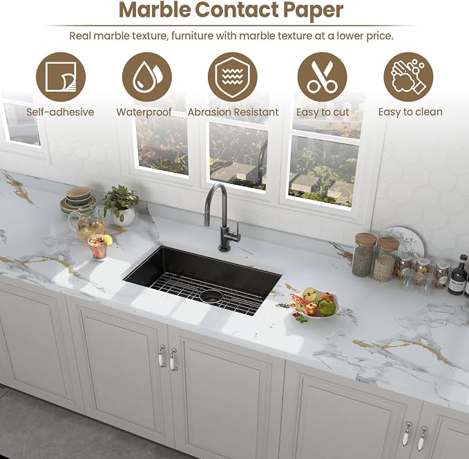 practicalWs Glossy Marble Wallpaper Peel and Stick White/Gold Granite Contact - Image 2