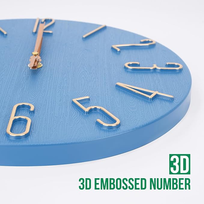 Wall Clock 12 Inch Silent Non-Ticking Imitation Wood Indoor Clock Round Blue - Image 6