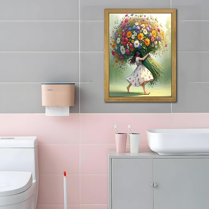 Wood Framed Pink Wildflower Canvas Wall Art, Girl Hugging Flowers Poster Prints - Image 7