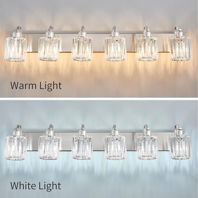 Crystal Bathroom Lighting Fixtures Over Mirror, 6 Light Brushed Nickel Vanity - Image 3