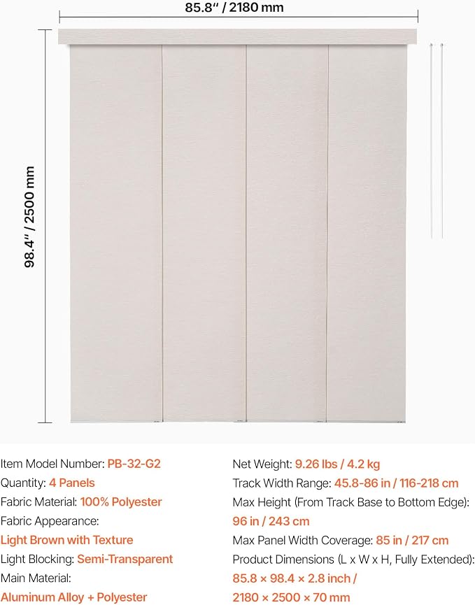 VEVOR Panel Track Blinds, Extendable Track from 45.8 in to 86 in W, Trimmable - Image 7