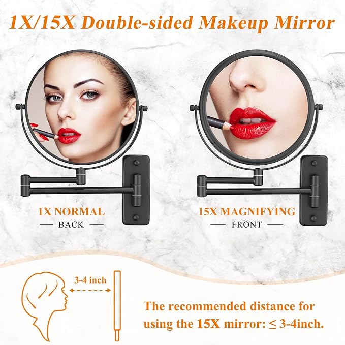 DECLUTTR 1X/15X Wall Mounted Makeup Mirror, 360° Swivel Extendable Bathroom - Image 2