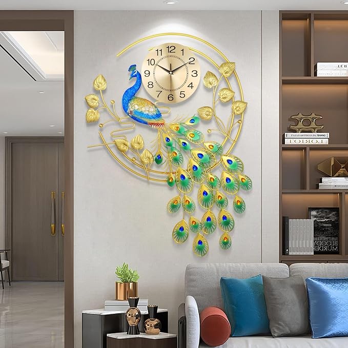 36.6 Inch Large Peacock Wall Clock Non-Ticking Silent, Creative Decorative - Image 3