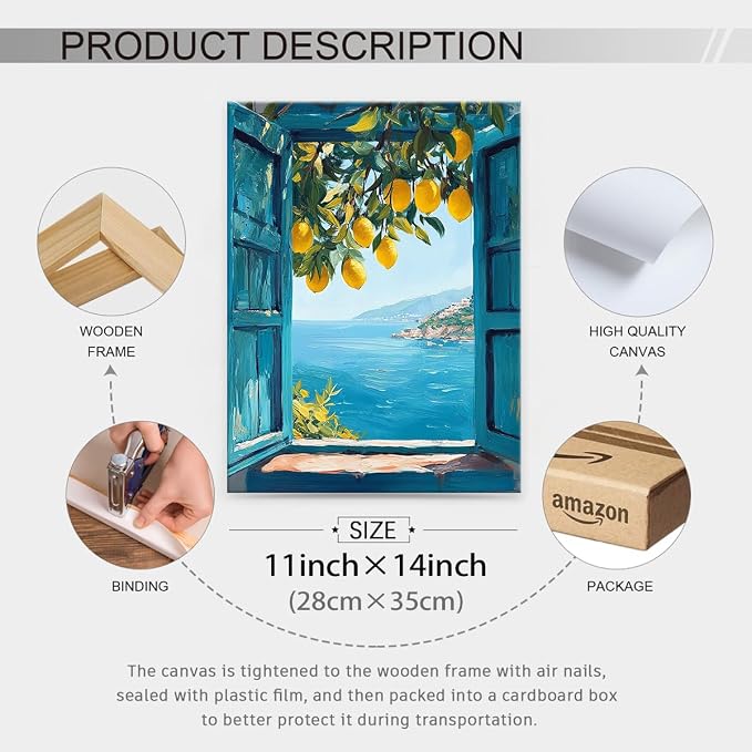 Framed Canvas Wall Art Posters Mediterranean Window View Coastal Lemon Tree - Image 2