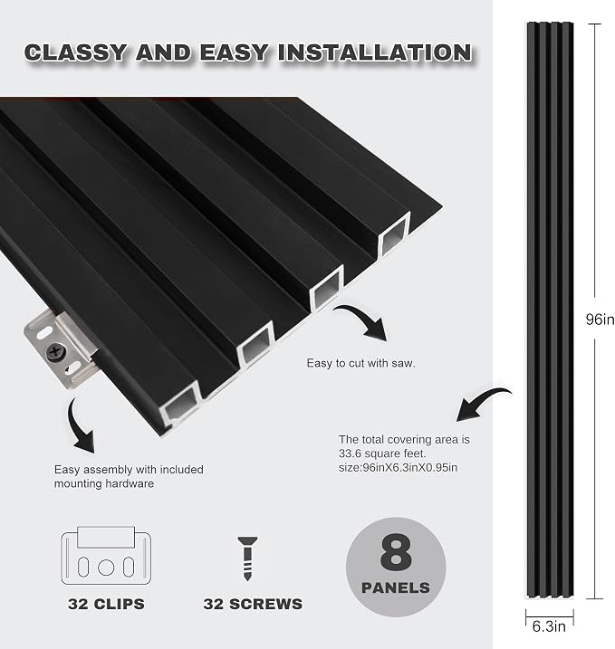 Wood Slat Wall Panels 8 Pack 96x6.3in Modern Black WPC Panels - Image 6