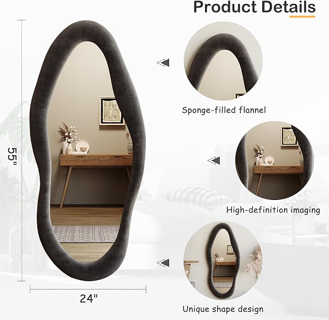 Honyee 55" x 24" Wavy Mirror, Flannel Wrapped Wooden Frame, Irregular Hanging - Image 4