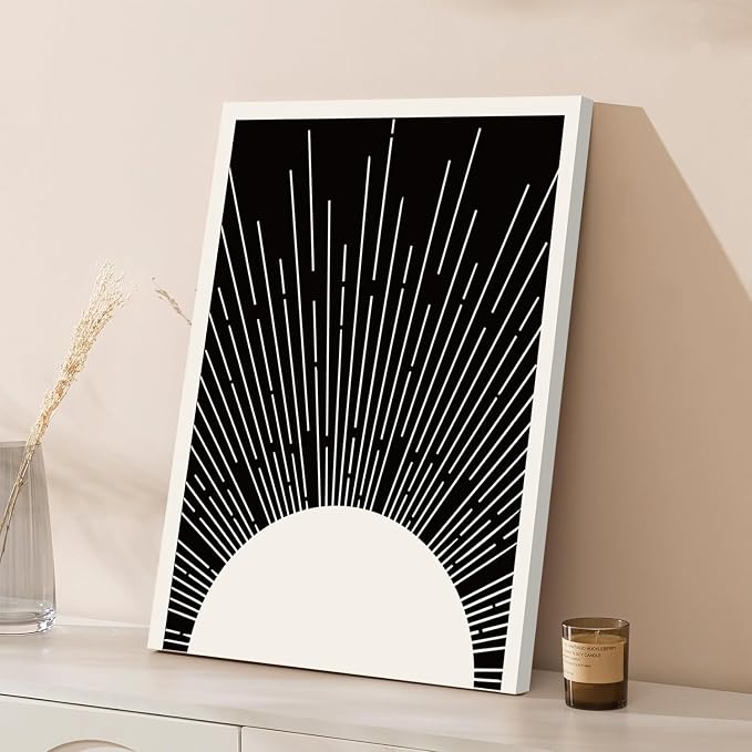 Hwetui Framed Boho Sun Wall Art Set of 2 Black and White Minimalist Sunrise - Image 8
