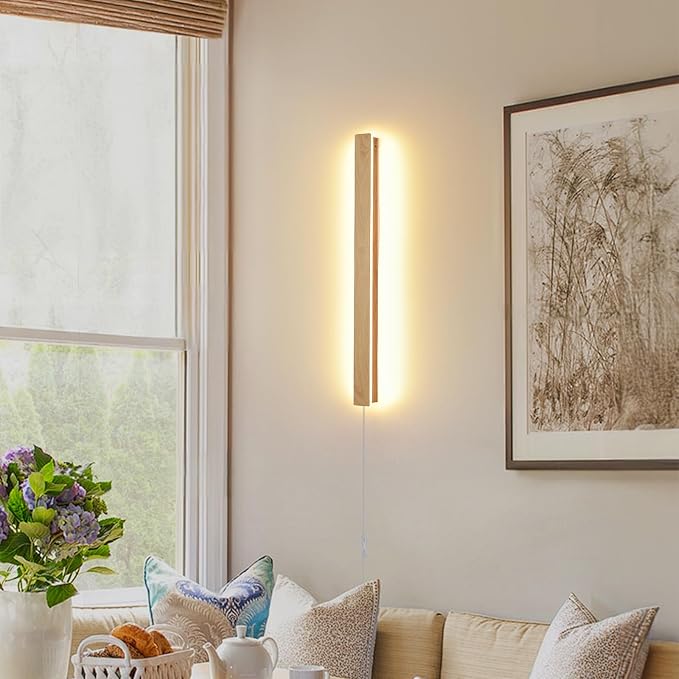 Modern Plug in Wall Sconces, 23.6 inch Faux Wood Texture Finish LED Long Wall - Image 5