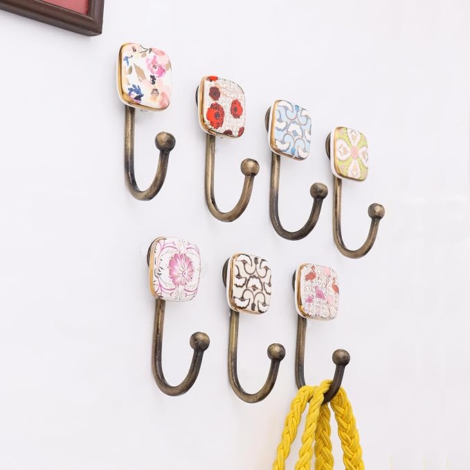 Indian Shelf Pack of 6 Multicolor Square Ceramic Kids Room Wall Hooks - Image 2