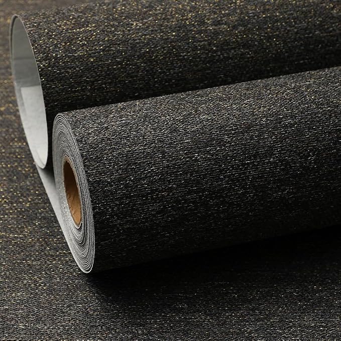 SHUFA Black Gold Cotton-Like Textured Grasscloth Wallpaper Matte Thick Real - Image 2