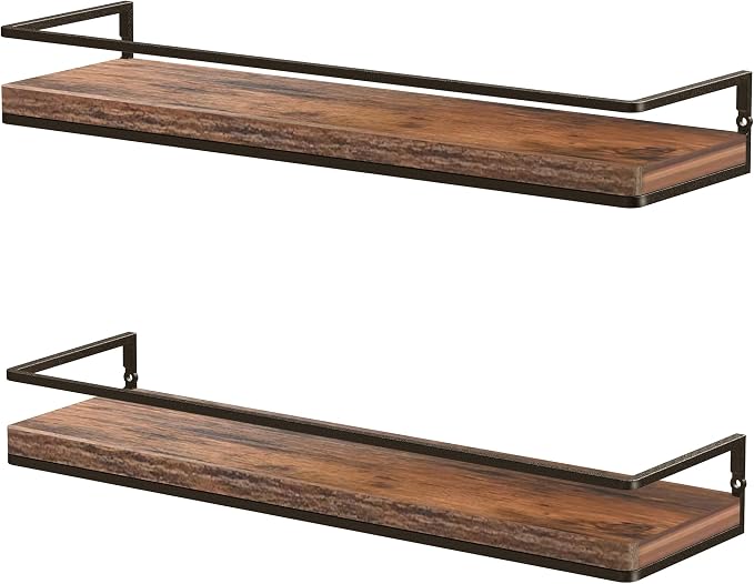Meangood Floating Shelves Wall Mounted Set of 2, Rustic Wood Wall Storage - Image 7