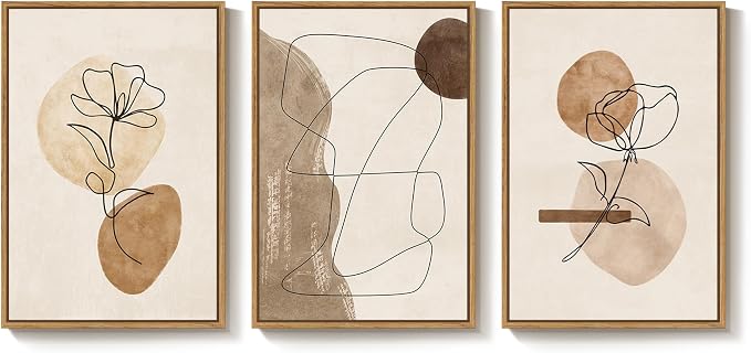 Framed Neutral Abstract Boho Wall Art Bedroom, 3 Piece Brown Black Botanical - Image 9