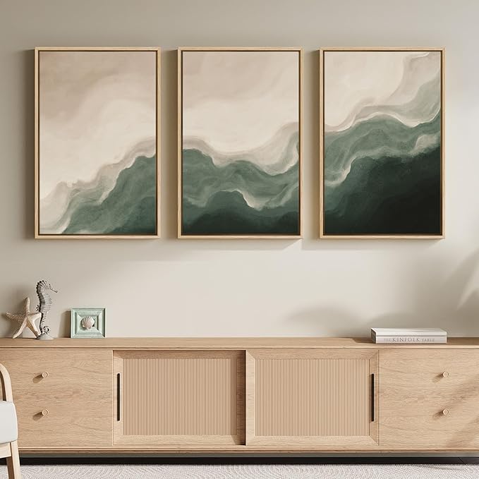 Framed Green and Beige Abstract Wall Art Set of 3, Modern Neutral Canvas Prints by Cuspin