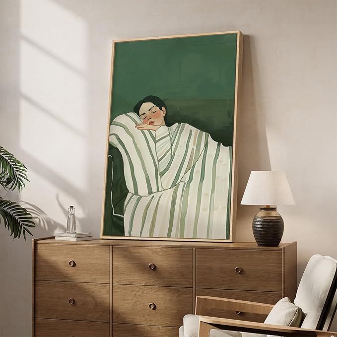 Framed Woman Bedroom Wall Art, Large Cozy Woman Canvas Painting - Image 2