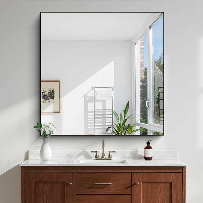 KOCUUY Black Square Mirror, Large Black Wall Mounted Mirror, Metal Framed Mirror - Image 10
