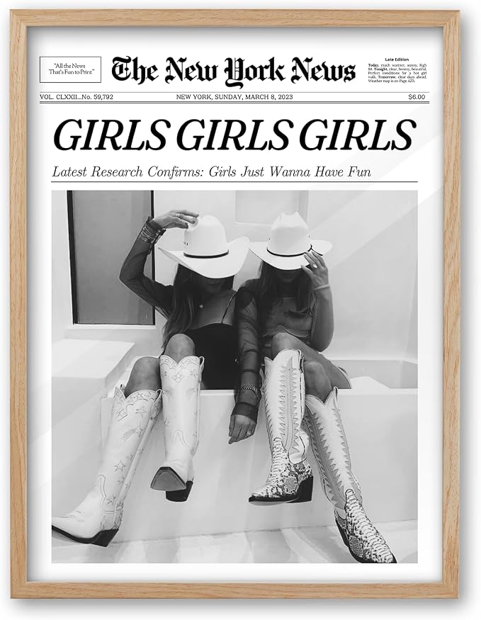 iHery Girls Just Wanna Have Fun Framed Trendy Cowgirl NewsPaper Wall Art by iHery