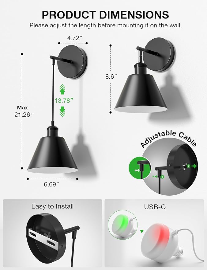 NIORSUN Matte Black Battery Operated Wall Sconce Set of 2, 5200mAh Dimmable - Image 8