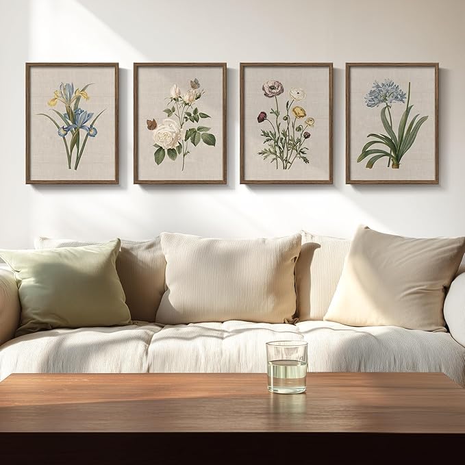 Framed Vintage Botanical Wall Art, 4 Piece Rustic Floral Painting Canvas Prints by Cuspin