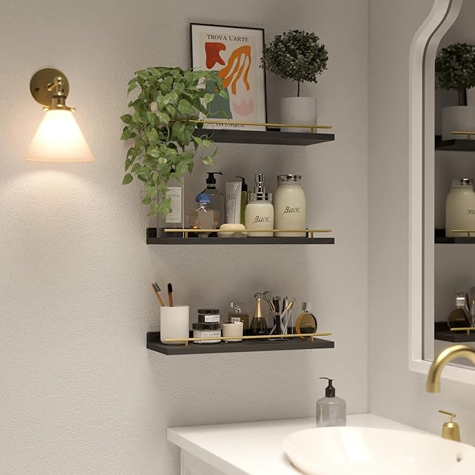 WOPITUES Floating Shelves with Gold Metal Guardrail, Shelves - Image 5