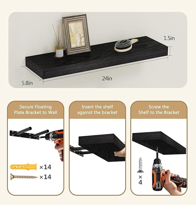 Vervida® 6 Pack Black Floating Shelves, Holds Up to 37 Lbs, - Image 3