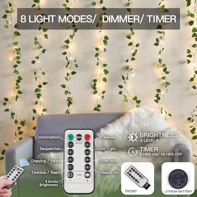 suddus Vines with Lights, 200 LED Fairy Lights with Vines, Pothos Curtain - Image 5