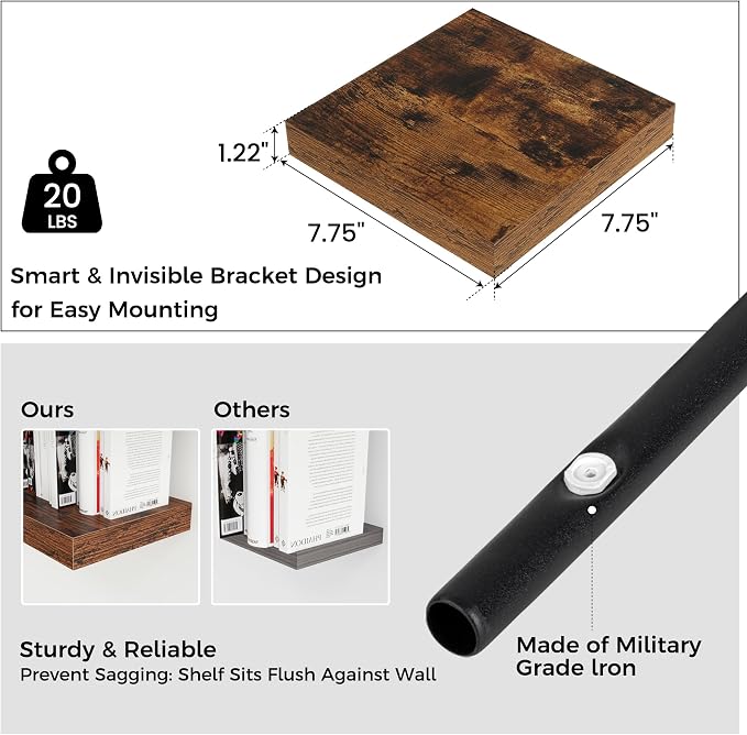 Square Floating Shelves for Wall 8"W x 8"D x 1.2"H, Small Engineered Wood Wall - Image 3