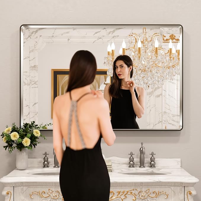 LOAAO 55X36 Inch Brushed Nickel Bathroom Mirror, Rounded Rectangle Silver Metal - Image 2