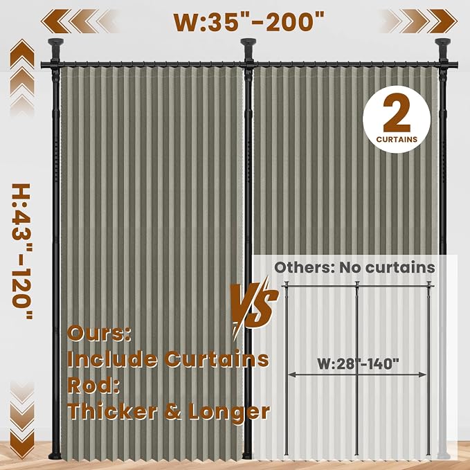 100% Blackout Room Divider Curtains Sets Grey W100 x L84 in 2 Panels No Drill - Image 2