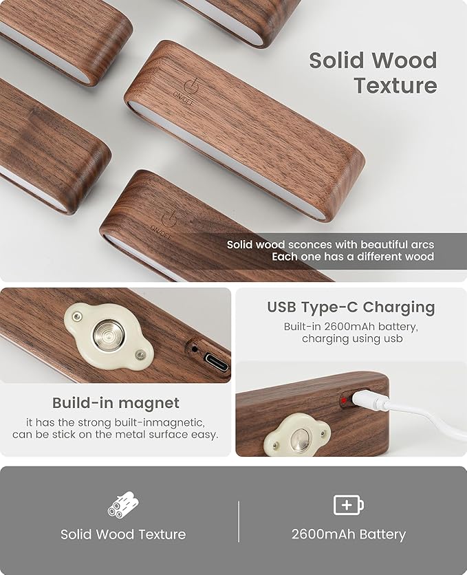 Wood LED Wall Sconce Magnetic 360°Rotate Wall Mounted Lamp Brightness - Image 5