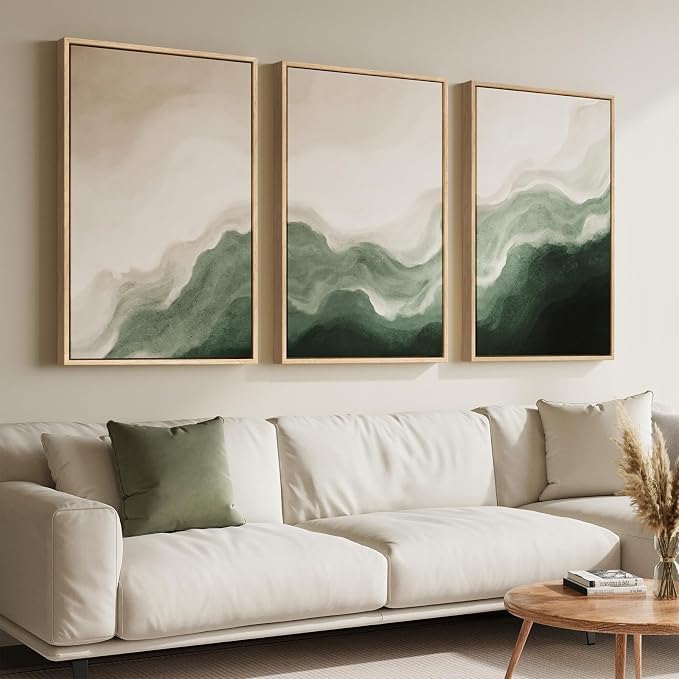 Large Framed Green and Beige Abstract Wall Art - Image 2