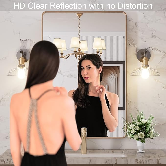 LOAAO 24”X36” Gold Bathroom Mirror, Rounded Rectangle Gold Frame Mirror - Image 2