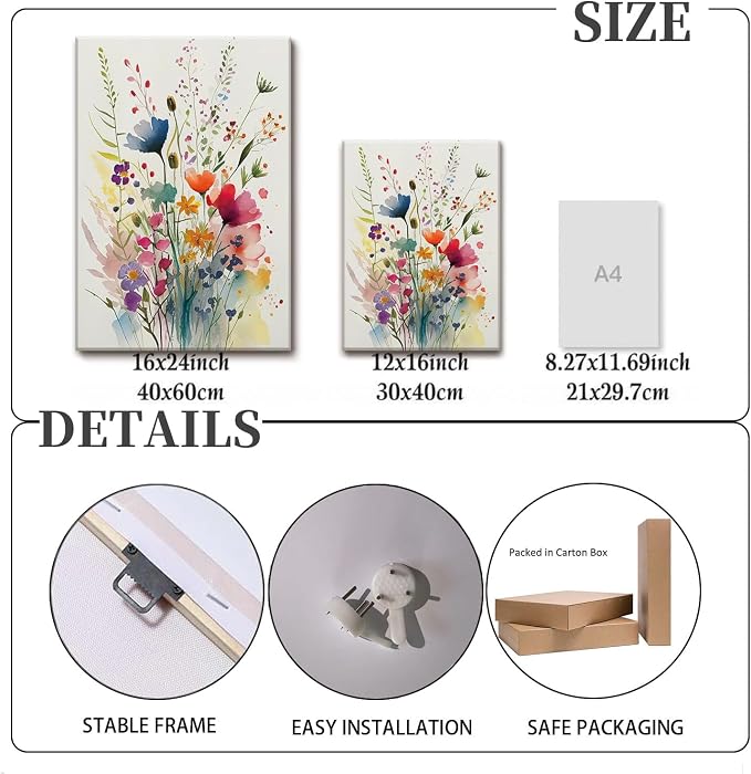 KISSFOX 3 Piece Canvas Wall Art Wildflowers Wall Decor Floral Pictures - Image 4