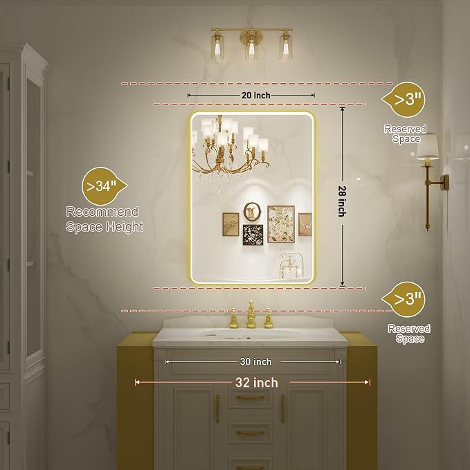 20X28 Inch Framed LED Lighted Bathroom Mirror, Wall Mounted Gold Metal Vanity - Image 6