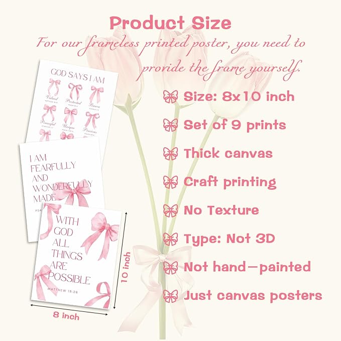 Pink Bows Bible Verse Christian Canvas Wall Art Set of 9, Trendy Posters Prints - Image 3